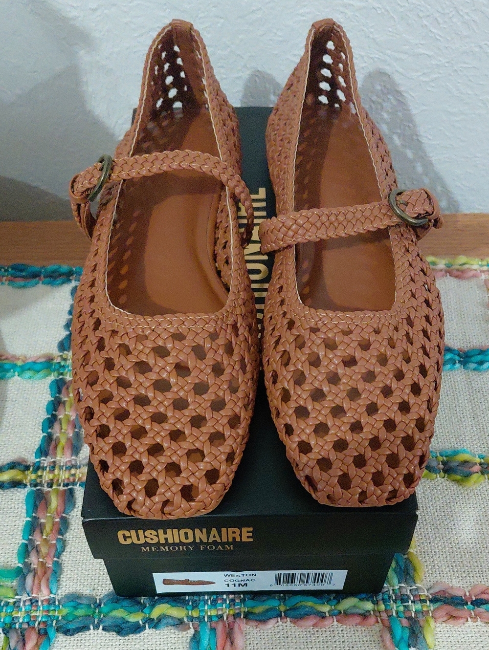 Cushionaire Woven Mary Jane Flats in Cognac